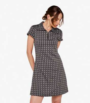 Apricot Light Grey Geometric Print Zip Collar Mini Dress