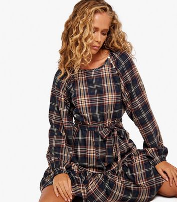 Apricot Navy Check Cotton Belted Mini Dress | New Look