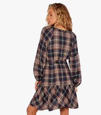 Apricot Navy Check Cotton Belted Mini Dress New Look