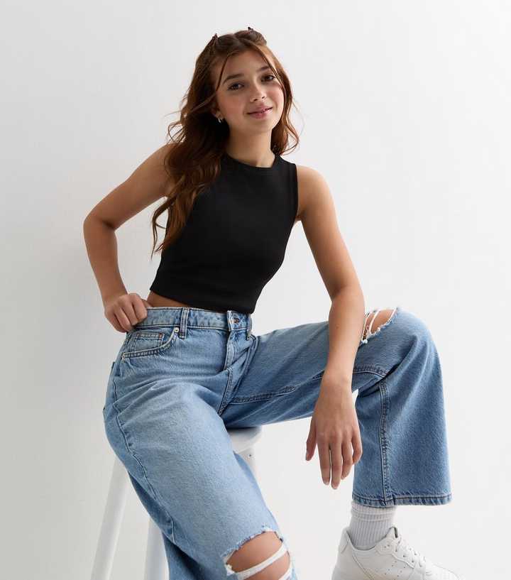 Girls Black Ribbed Crop Tank Top