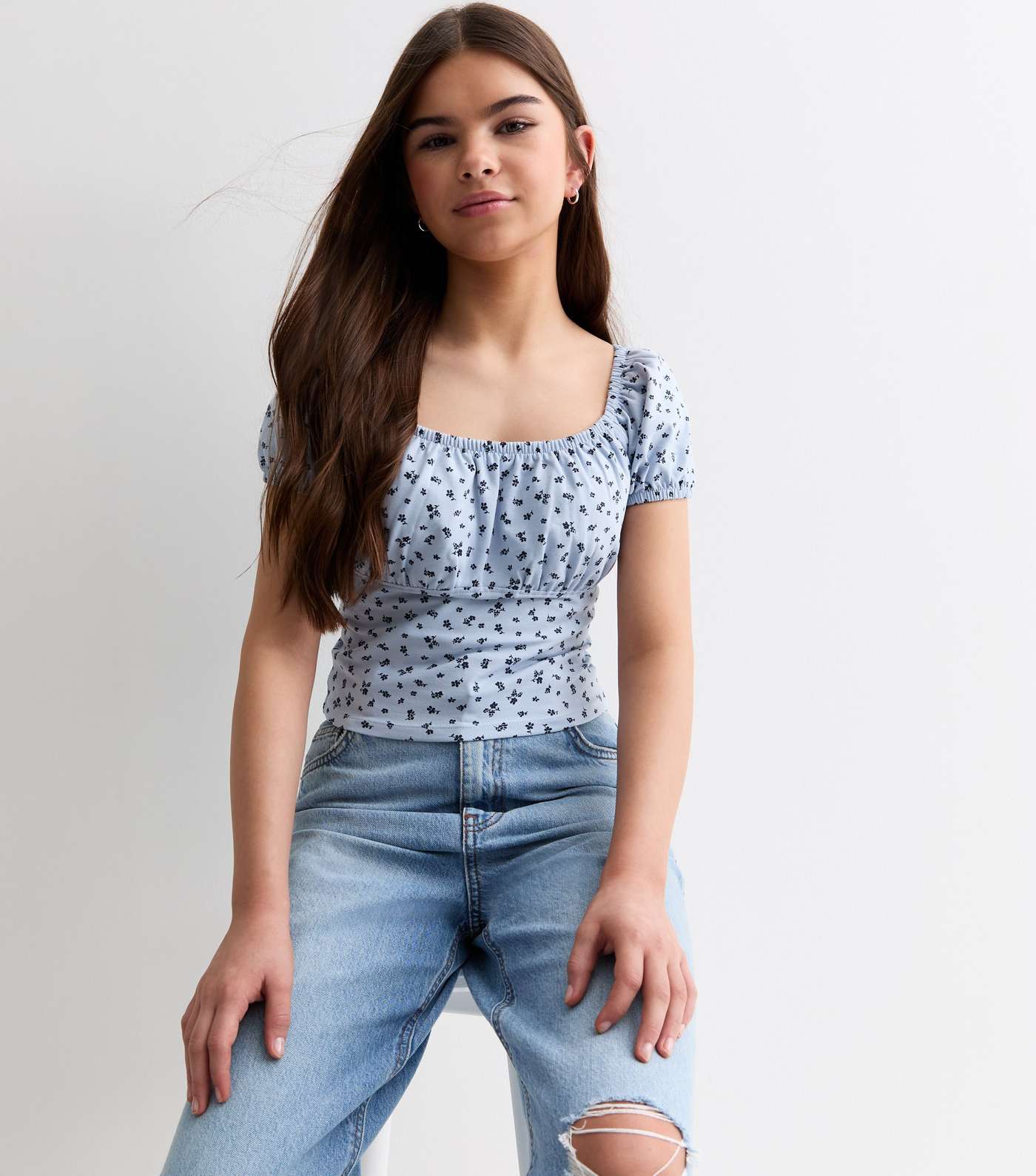 Girls Blue Ditsy Print Puff Sleeve Top Image 2