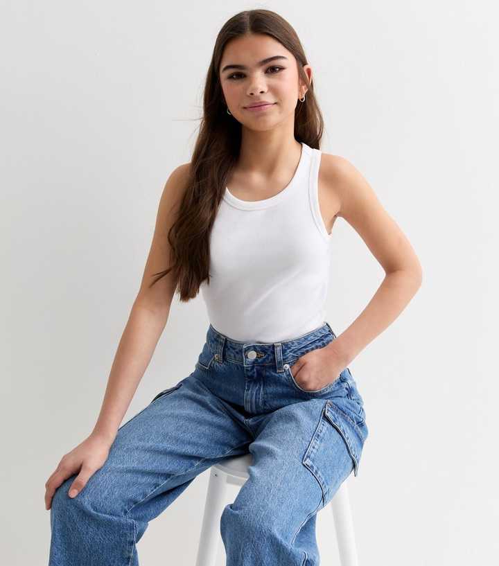 Girls White Ribbed Racer Vest