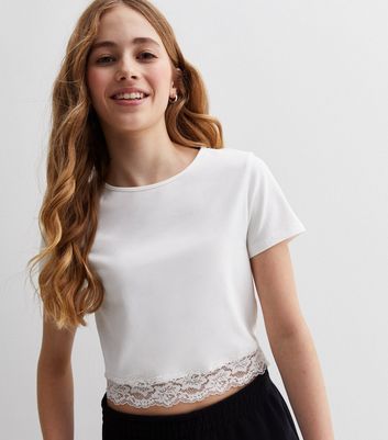 Girls White Lace Hem Top New Look