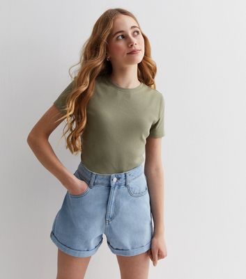 Girls Olive Ribbed Crew Neck T-Shirt New Look