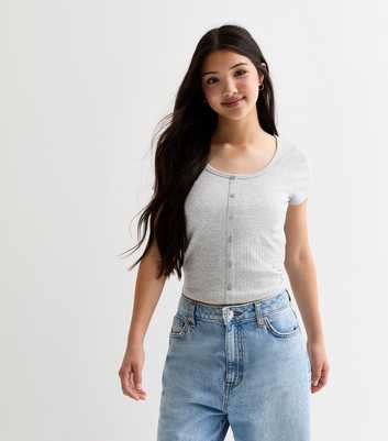 Girls Grey Ribbed Scoop Neck Button Front Top