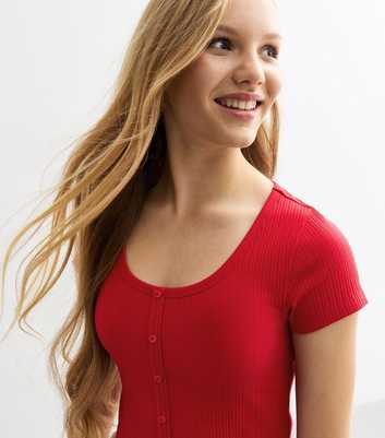 Girls Red Ribbed Scoop Neck Button Front Top