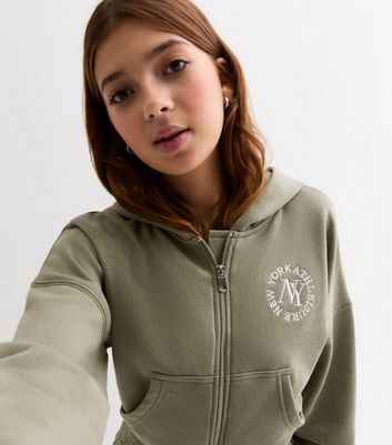Girls Khaki NY Embroidered Crop Hoodie New Look