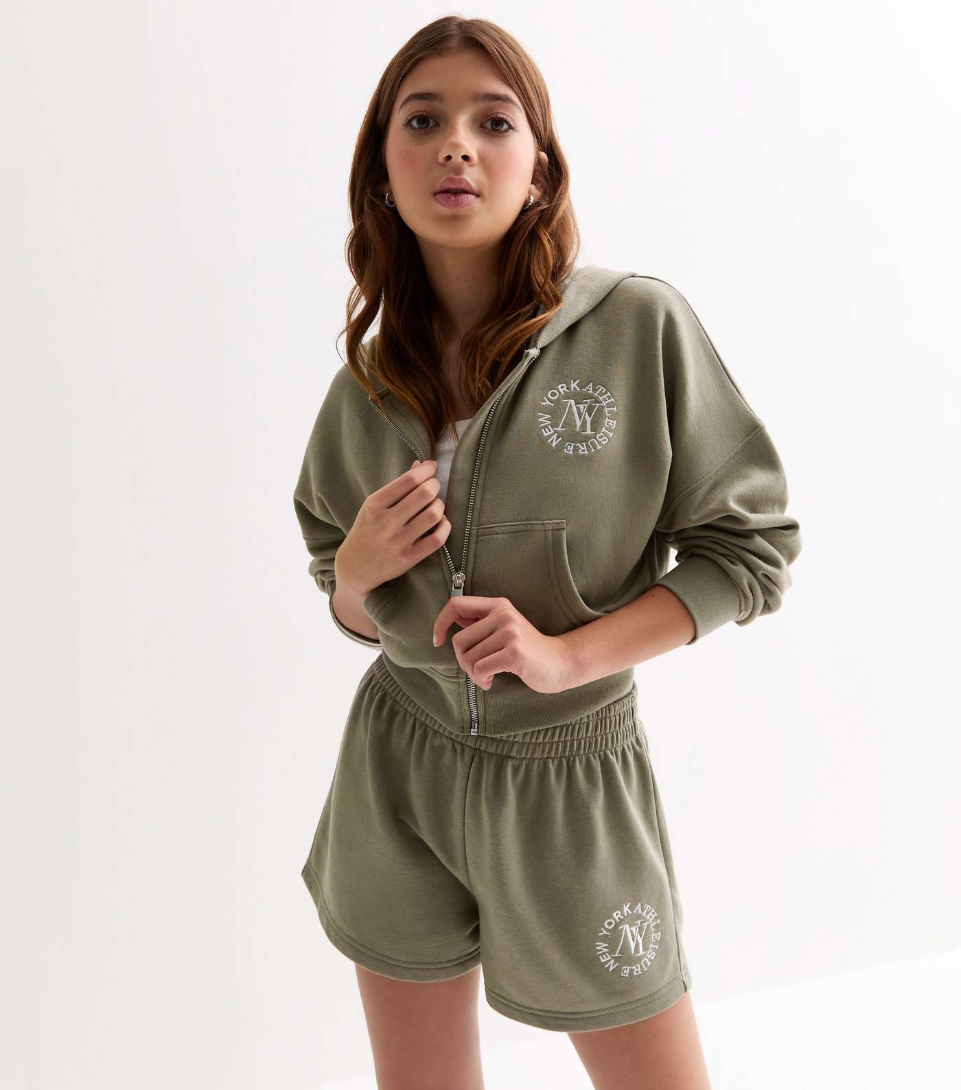 Girls Khaki NY Embroidered Crop Hoodie Image 2