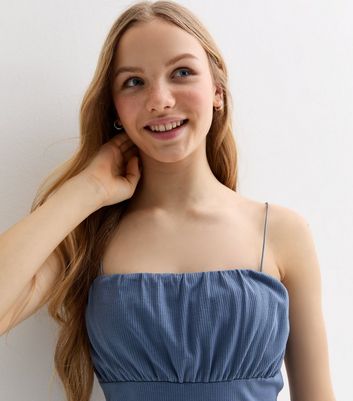 Girls Blue Ribbed Ruched Cami New Look