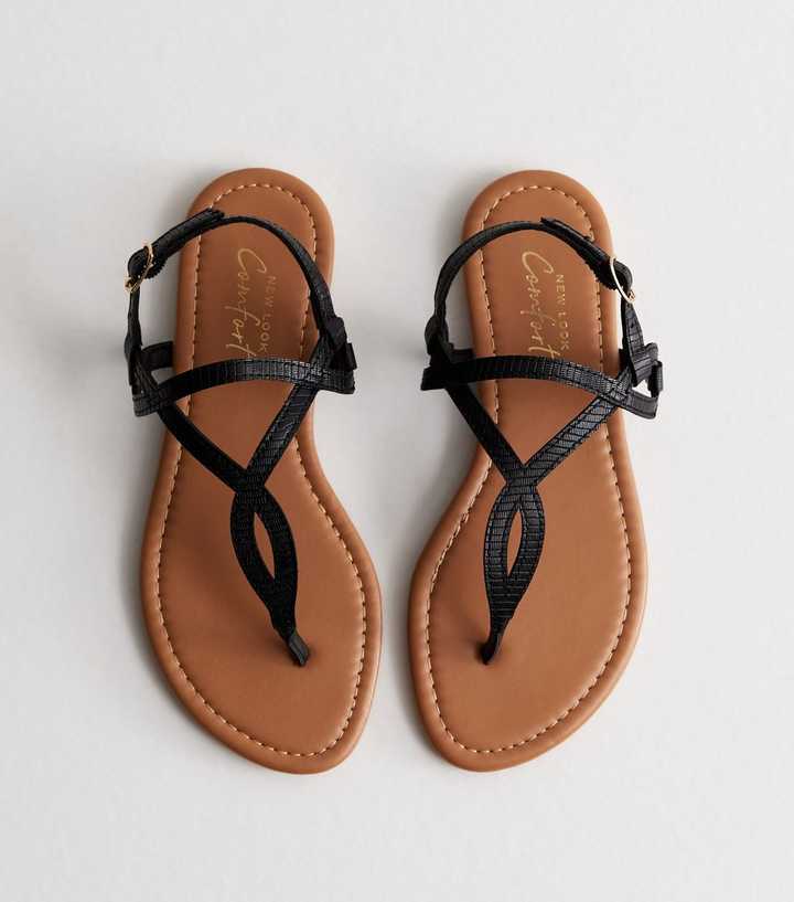 Black Leather-Look Twist Toe Post Sandals