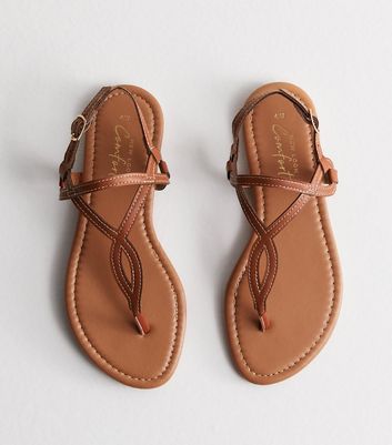 Tan Leather-Look Twist Toe Post Sandals New Look