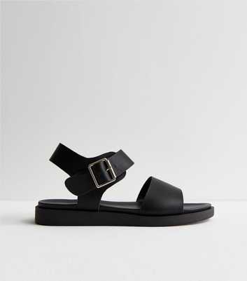 Black Leather-Look Buckle Strap Sandals