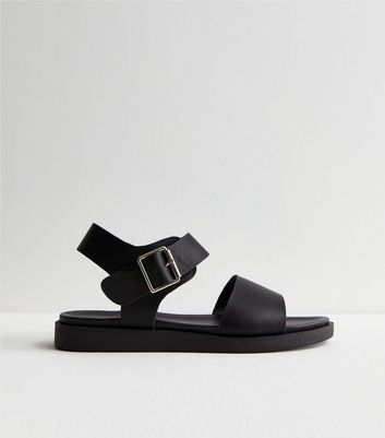 Black Leather-Look Buckle Strap Sandals | New Look