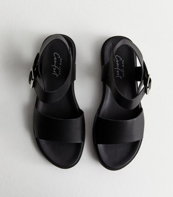 Black Leather-Look Buckle Strap Sandals New Look