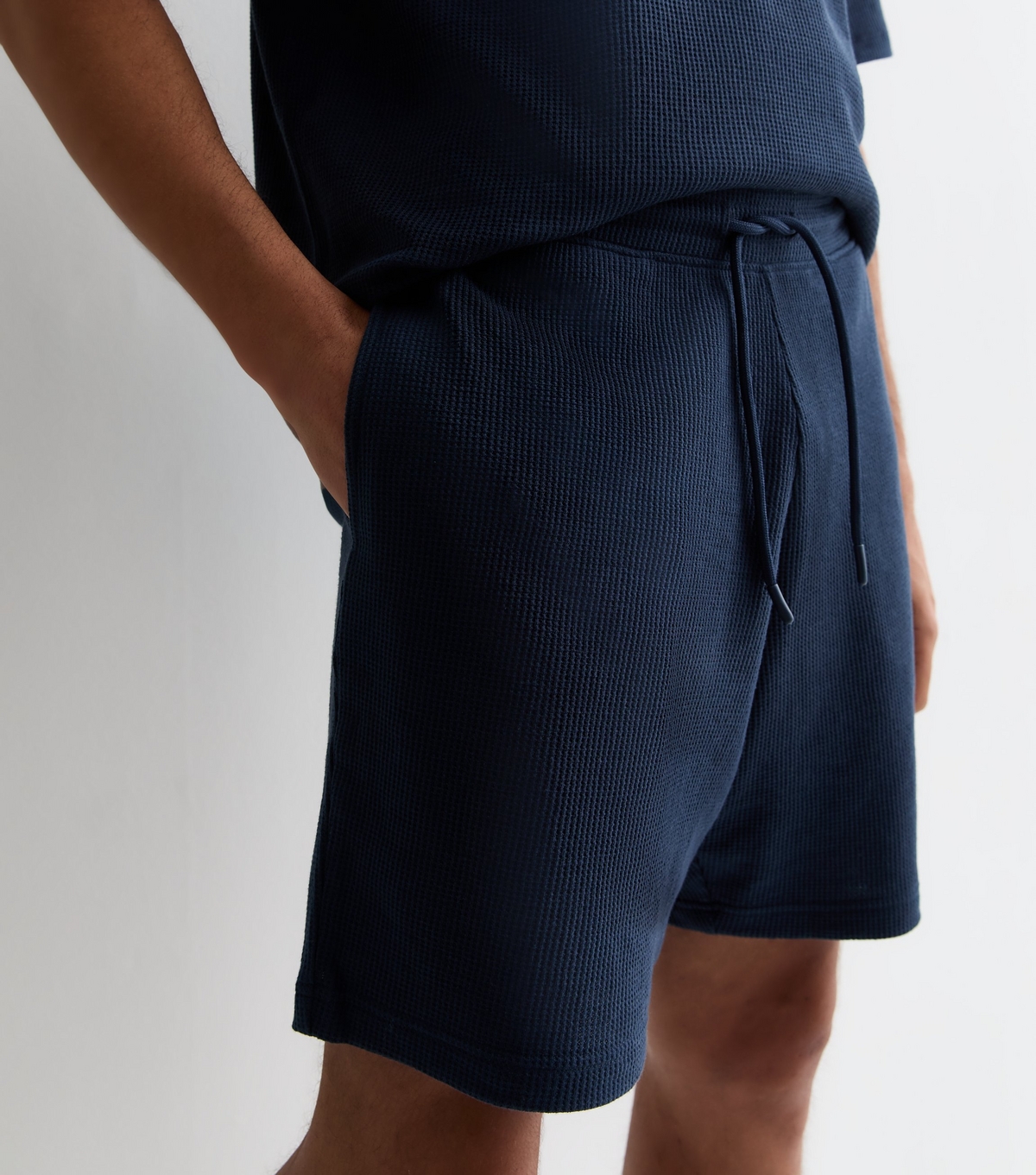 Men's Navy Relaxed Fit Drawstring Waffle Shorts New Look