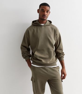 Men's Khaki Pocket Front Oversized Hoodie New Look