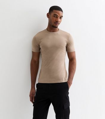 Men's Stone Cotton Muscle Fit T-Shirt New Look