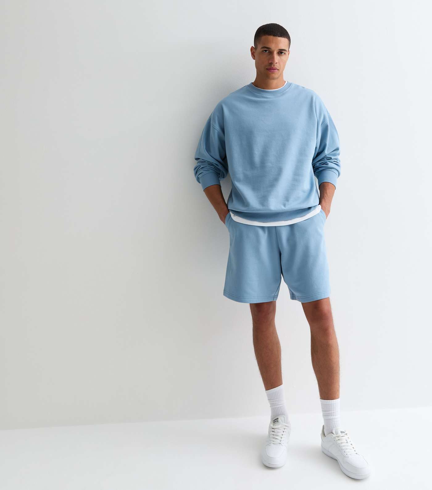 Light Blue Relaxed Fit Drawstring Jersey Shorts