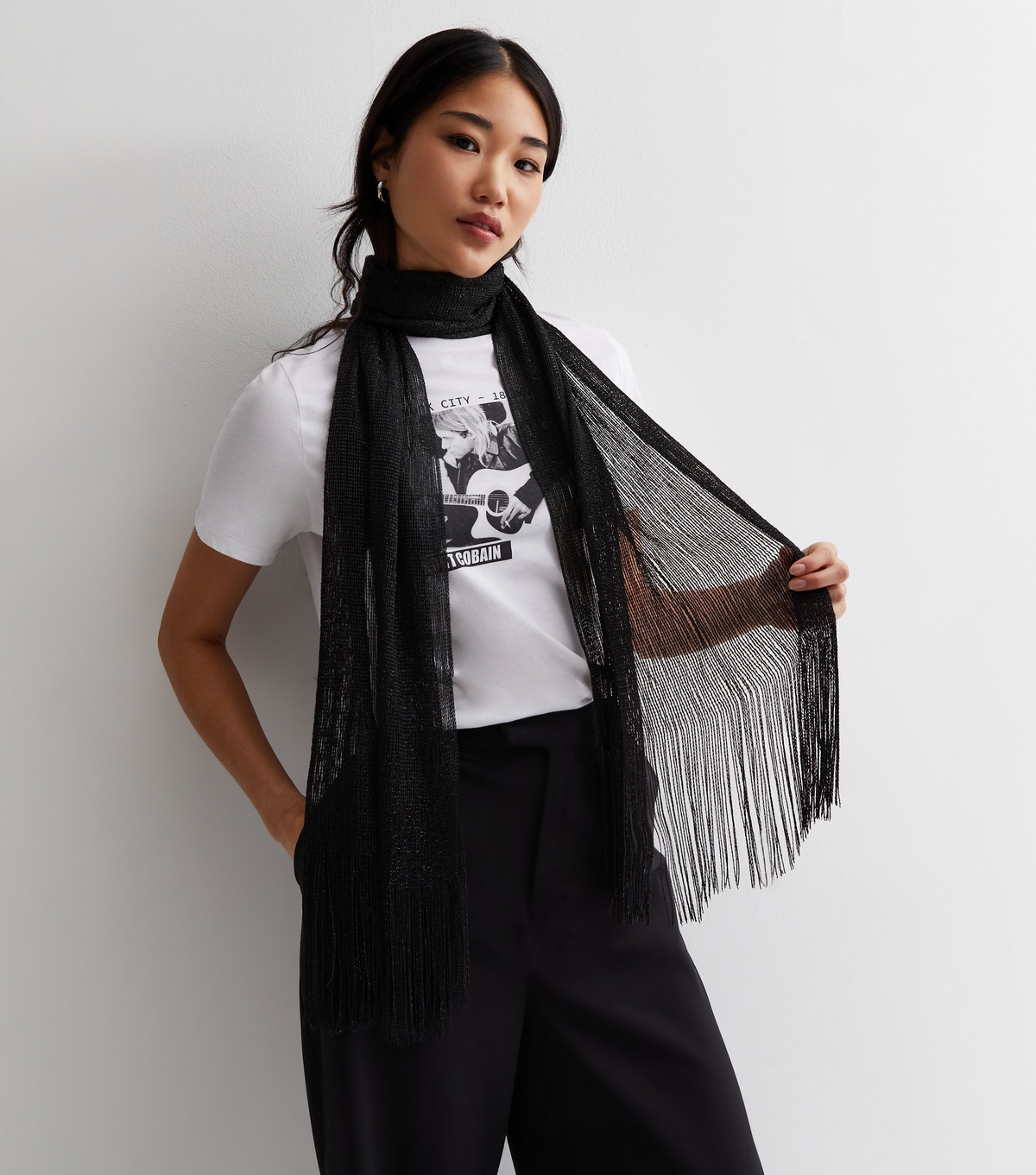 Black Glitter Tassel Scarf New Look