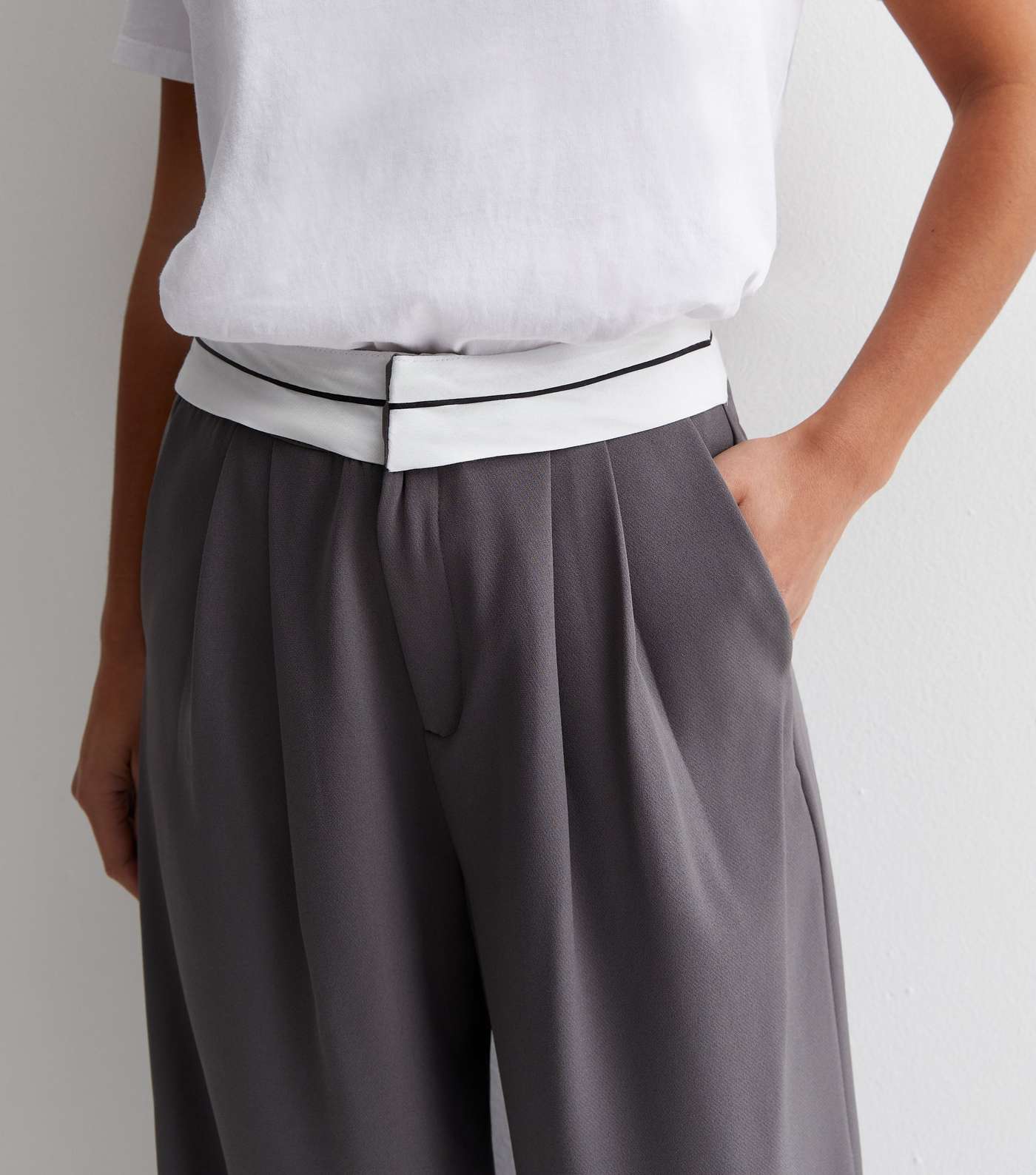 Petite Grey Contrast Waistband Trousers Image 2