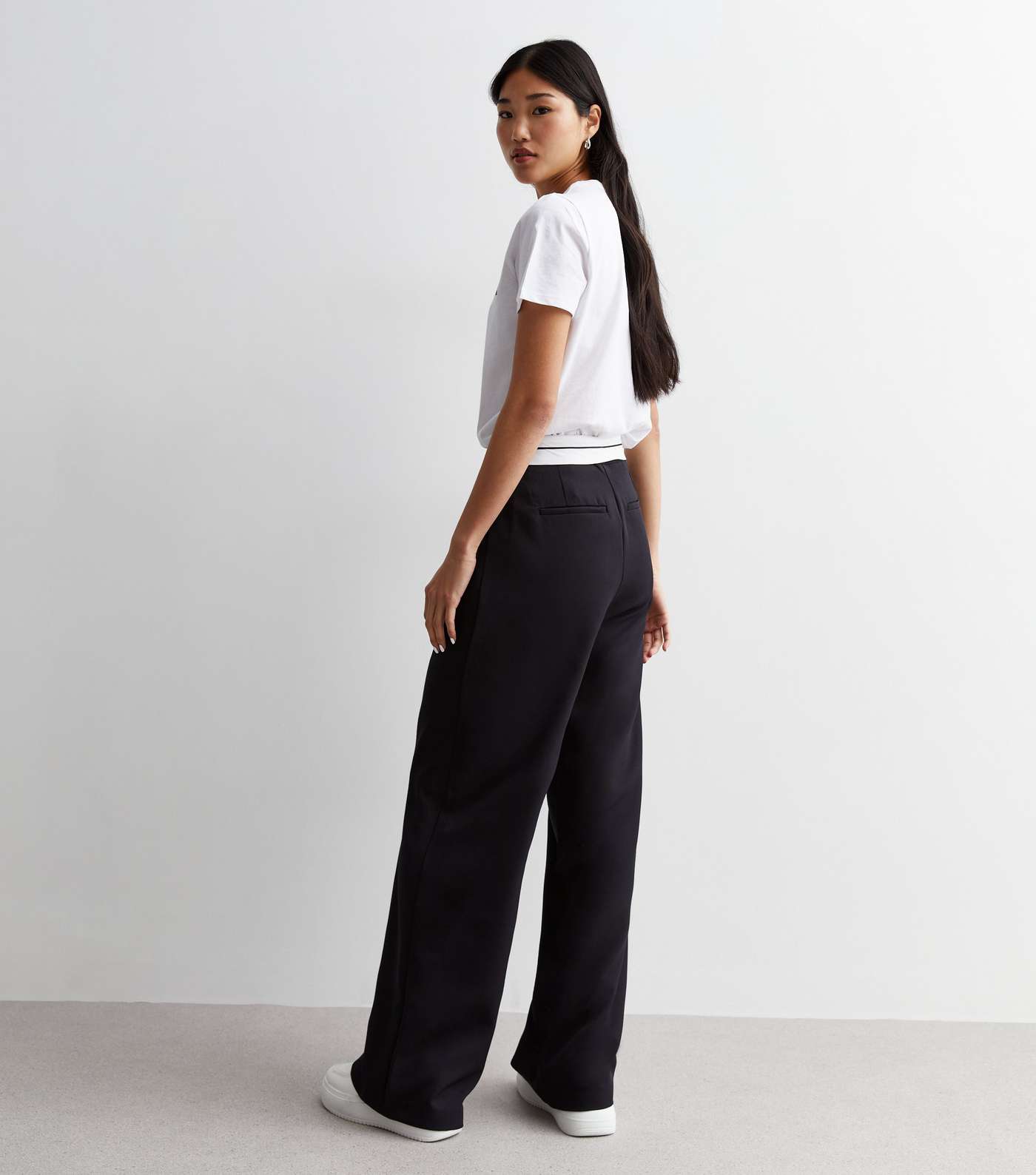 Black Contrast Waistband Wide Leg Trousers Image 4