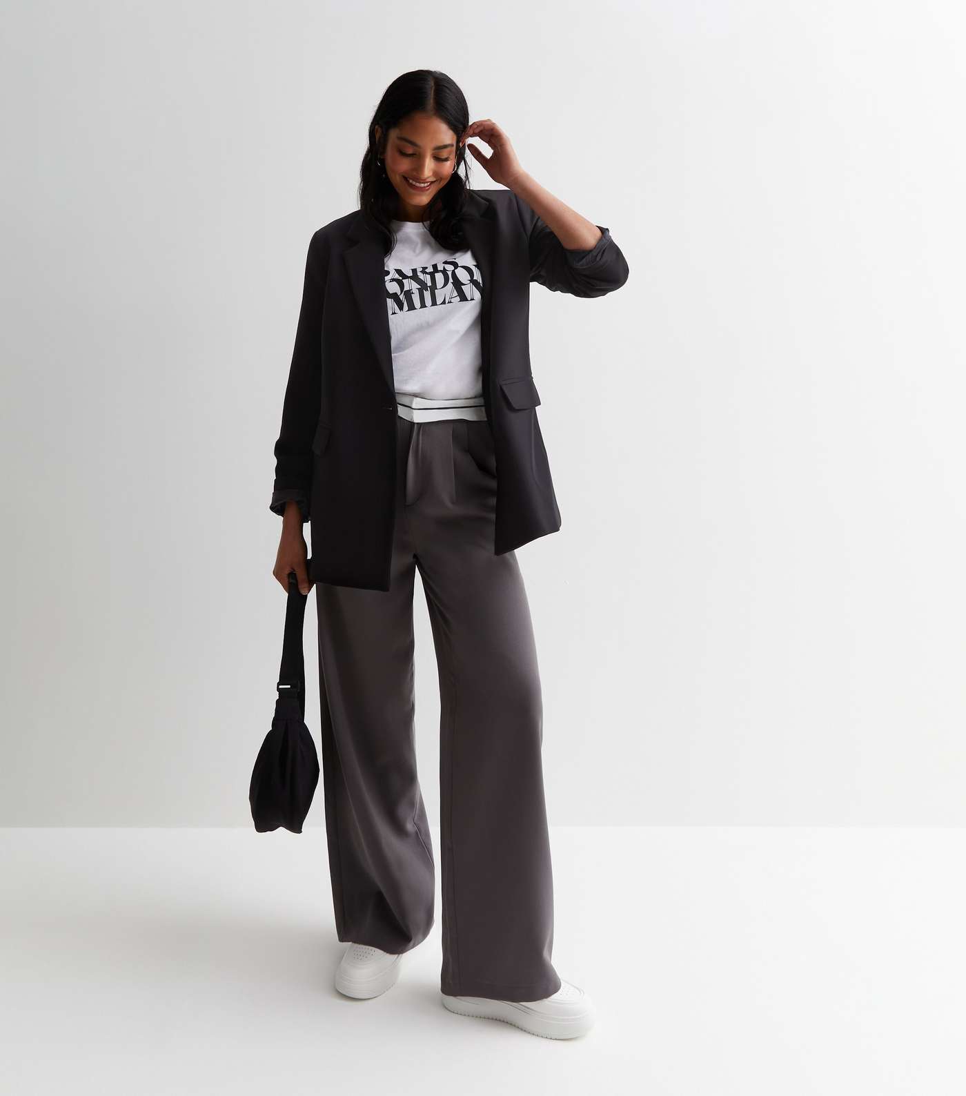 Grey Contrast Waistband Wide Leg Trousers Image 3