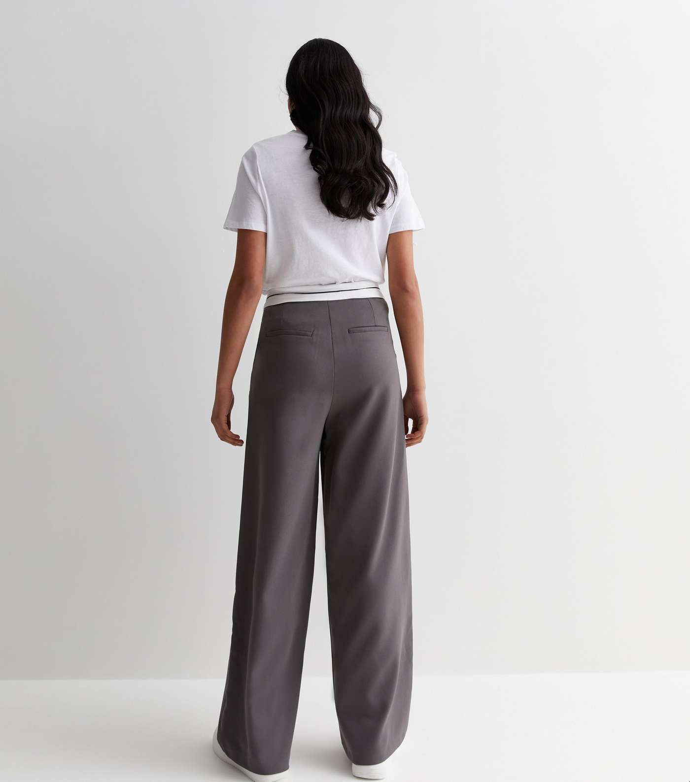 Womens Contrast Waistband Wide Leg Tailored Trousers - Grey - 12, Grey, £14.00
