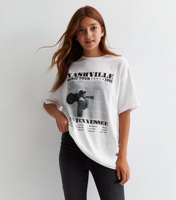 Girls White Cotton Nashville Logo Long Oversized T-Shirt New Look