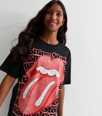Girls Black Cotton The Rolling Stones Logo T-Shirt