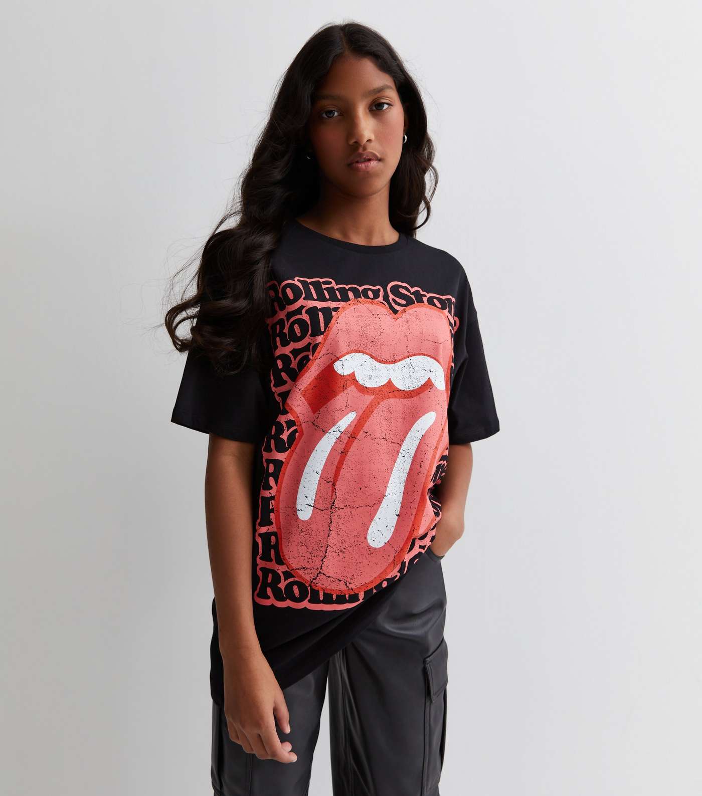 Girls Black Cotton The Rolling Stones Logo T-Shirt Image 3
