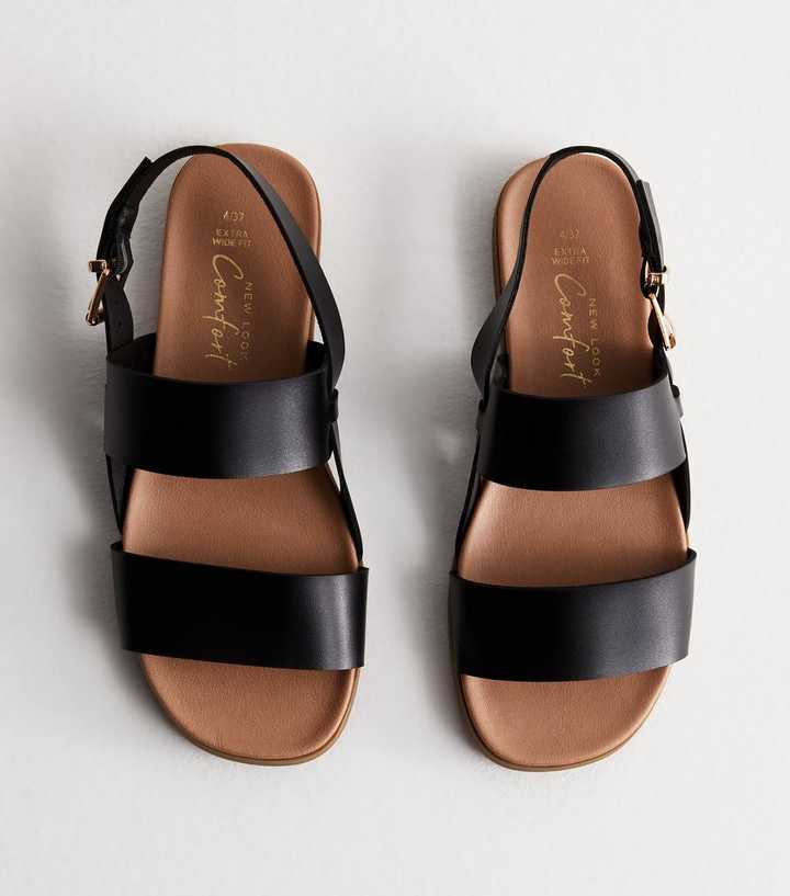 Extra Wide Fit Black Leather-Look Footbed Sandals