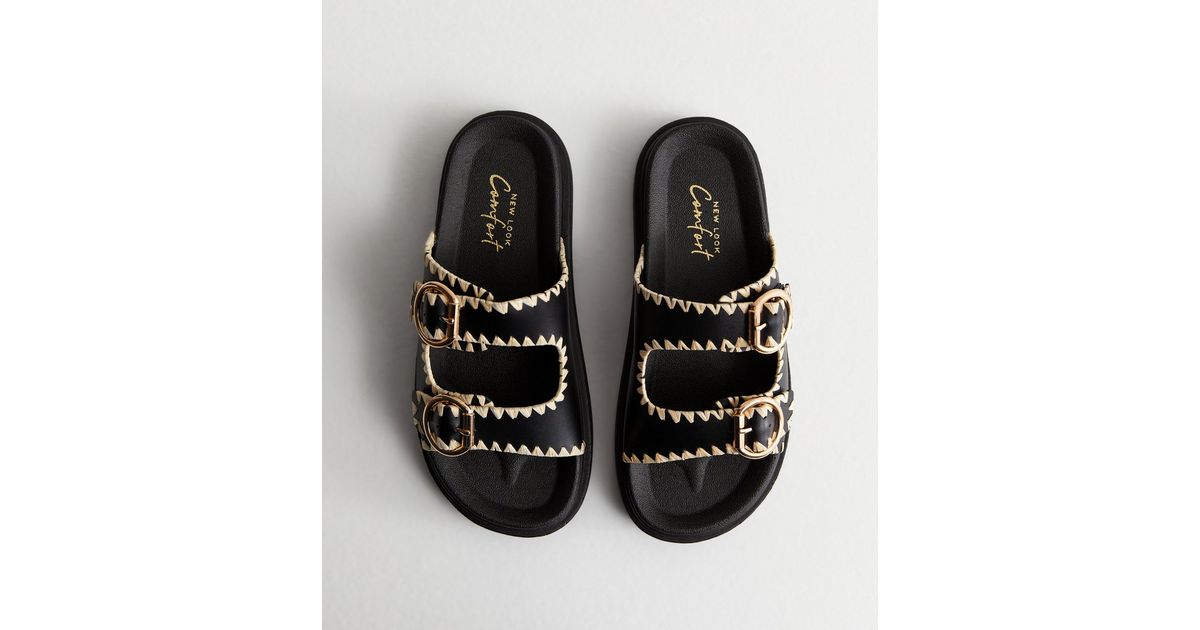 Black Whipstitch Chunky Sliders | New Look