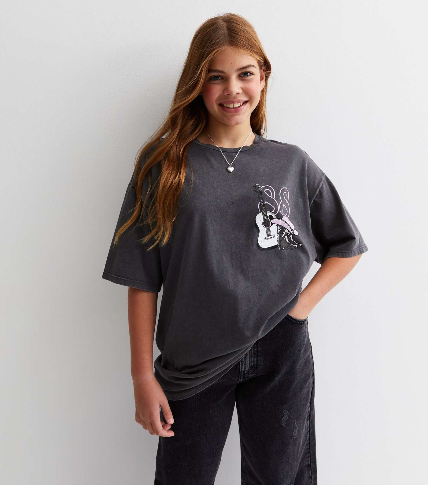 Girls Dark Grey Cotton Western Era Logo Oversized T-Shirt Image 2