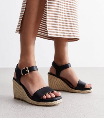 Wide Fit Black Leather Look Espadrille Wedge Heel Sandals New Look