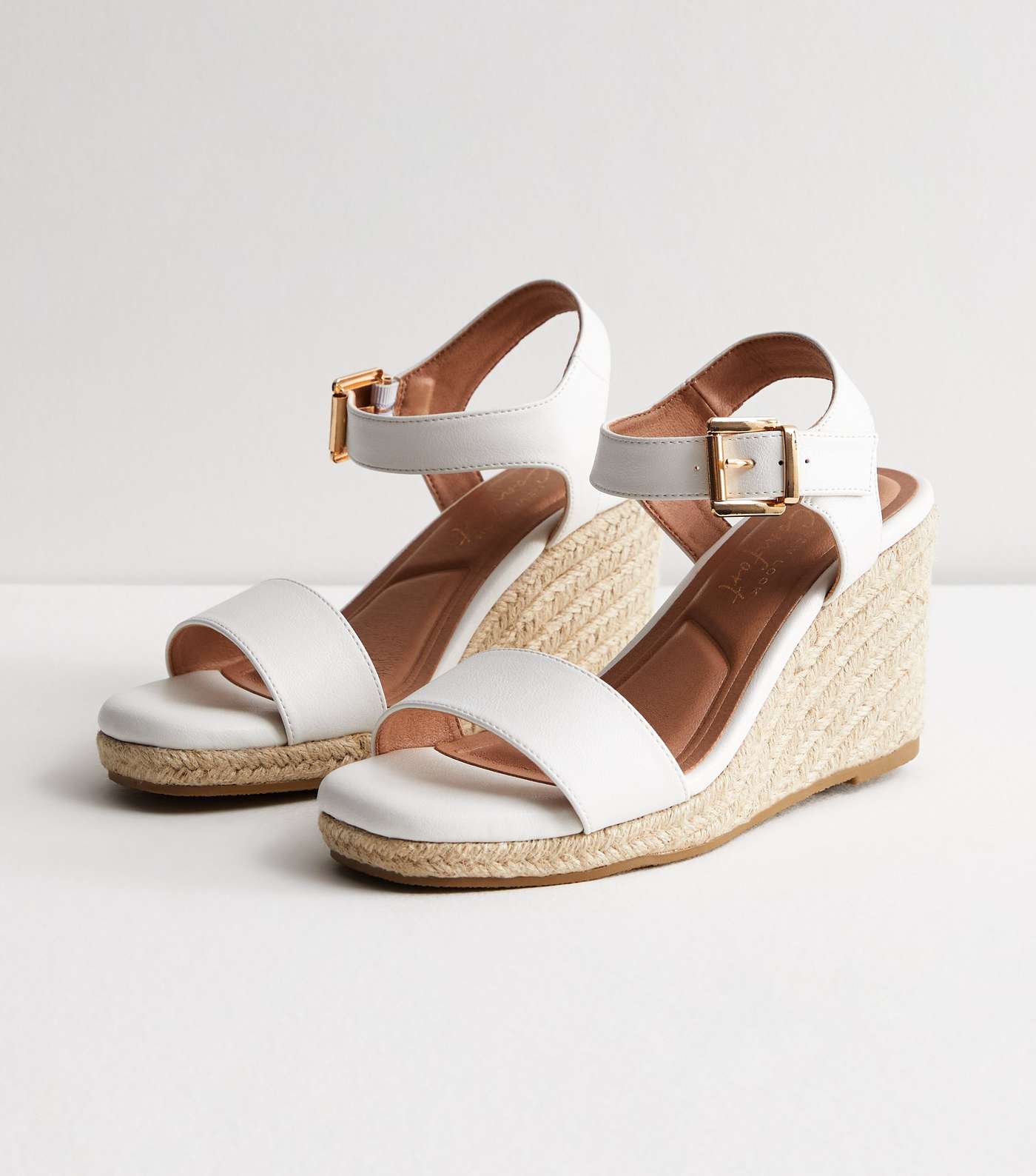 Wide Fit White Leather-Look Espadrille Wedge Heel Sandals Image 3