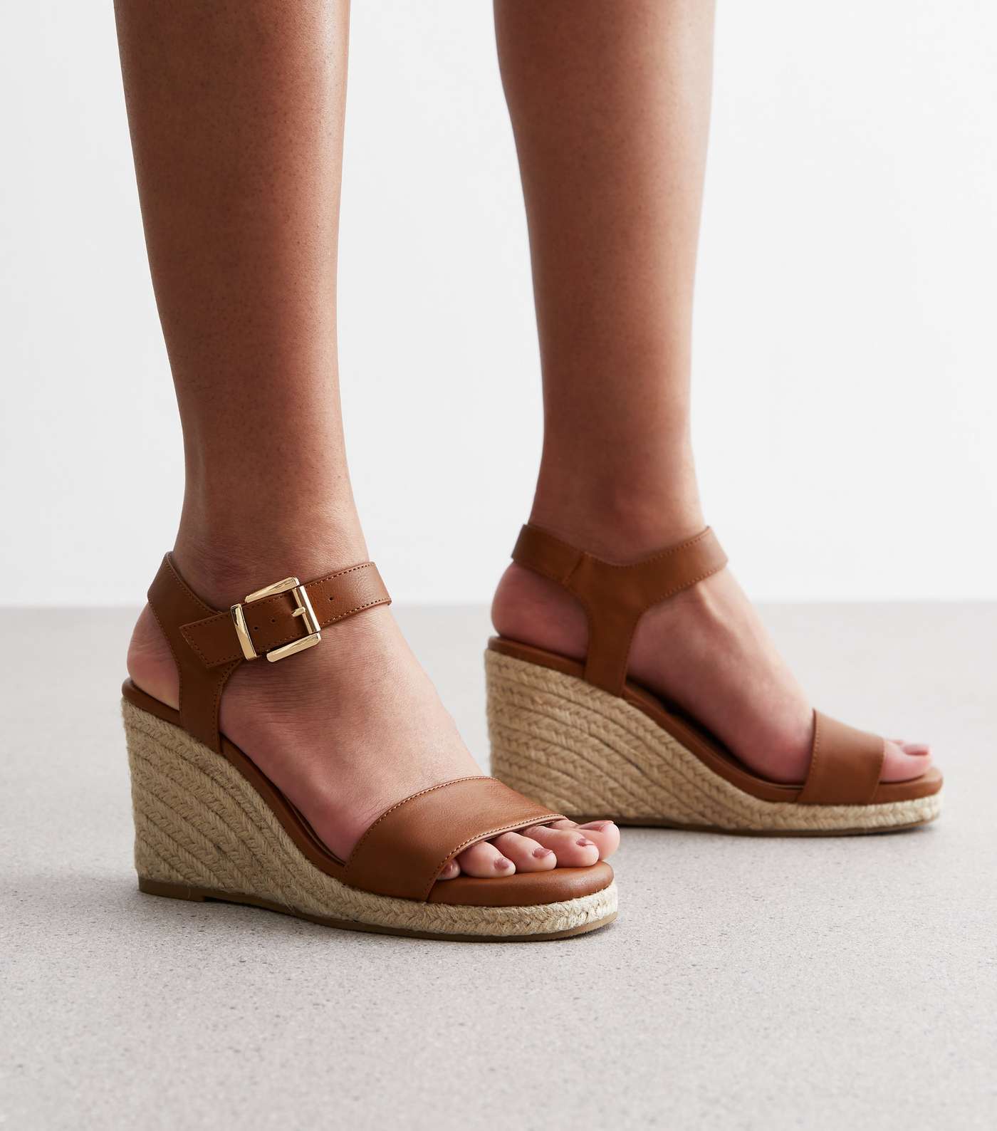 Wide Fit Tan Leather-Look Espadrille Wedge Heel Sandals