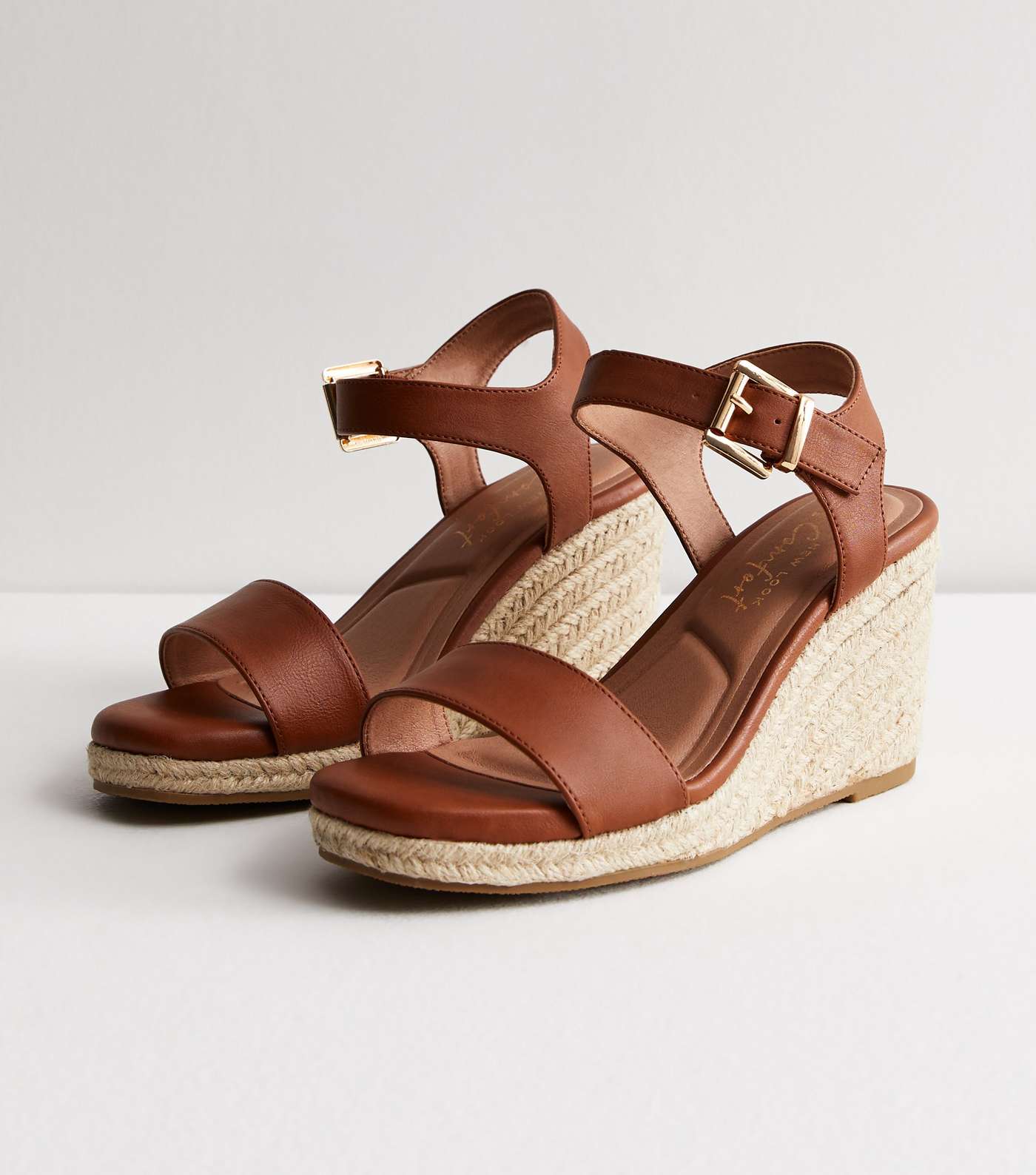 Wide Fit Tan Leather-Look Espadrille Wedge Heel Sandals Image 3