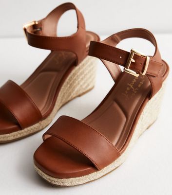 Wide Fit Tan Leather-Look Espadrille Wedge Heel Sandals New Look