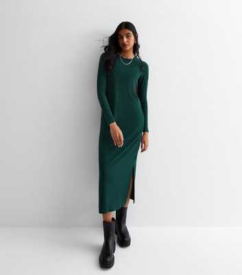 Dark Green Ribbed Jersey Split Hem Midi Dress