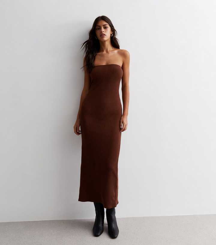bandeau brown dress Dress For It Brown Satin Feather Trim Bandeau Maxi Dress Club L London