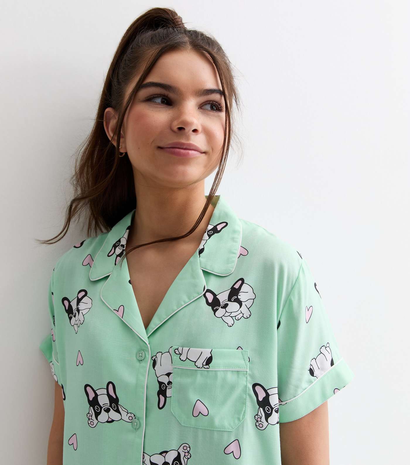 Girls Mint Green Revere Short Pyjama Set with Frenchie Print Image 2
