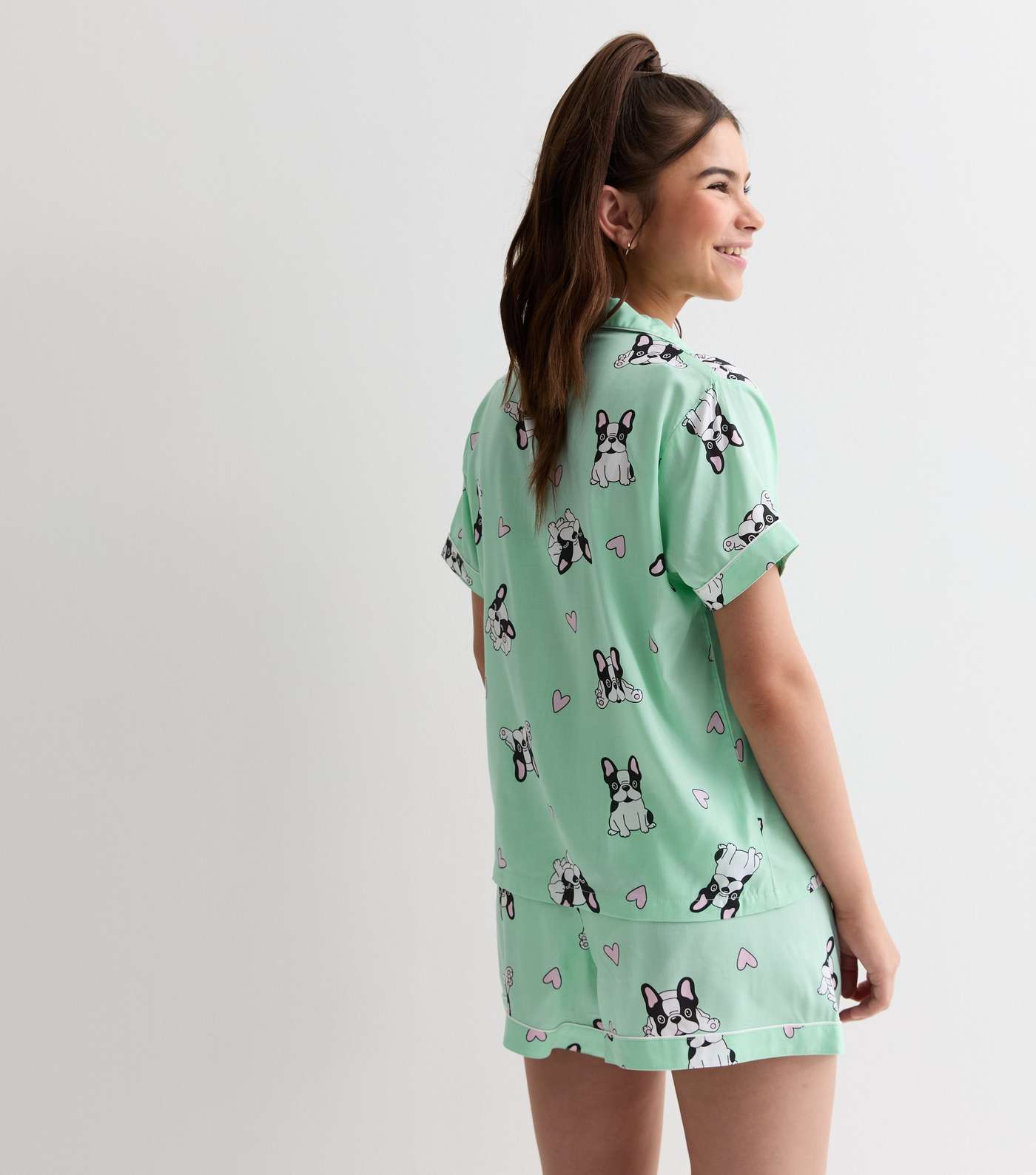 Girls Mint Green Revere Short Pyjama Set with Frenchie Print Image 4