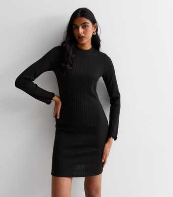Black Ribbed High Neck Long Sleeve Mini Dress