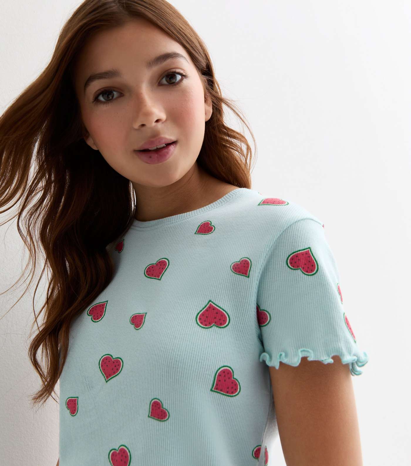 Girls Pale Blue Cotton Watermelon Heart Print Short Pyjamas Image 2