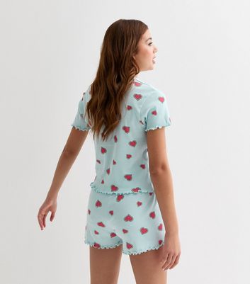 Girls Pale Blue Cotton Watermelon Heart Print Short Pyjamas New Look