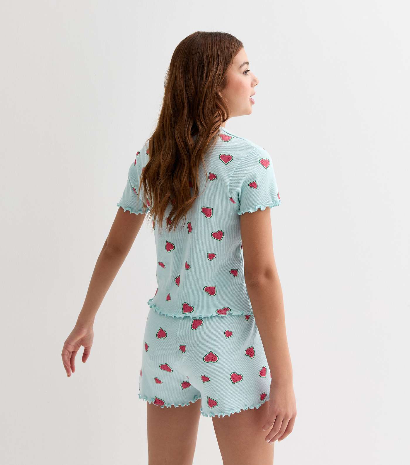 Girls Pale Blue Cotton Watermelon Heart Print Short Pyjamas Image 4