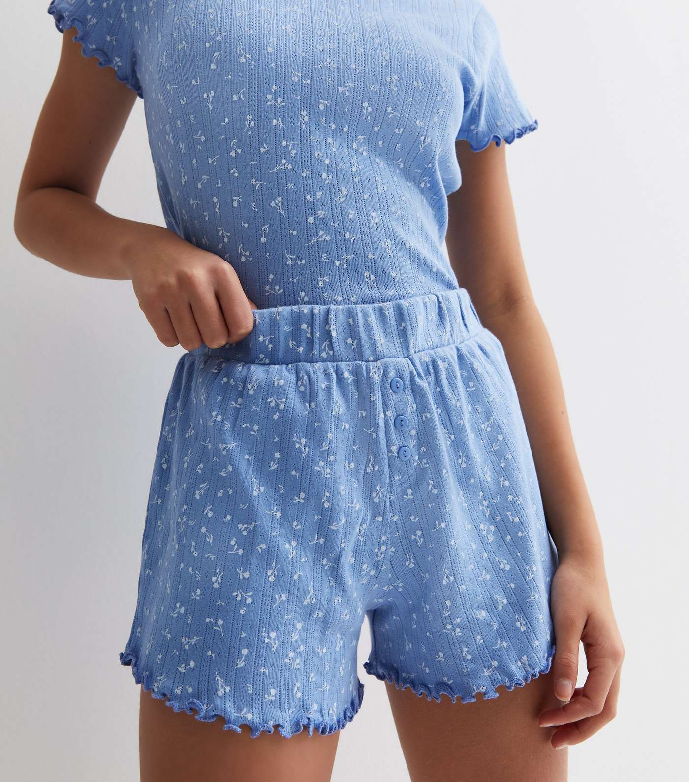 Girls Blue Ditsy Floral Pointelle Short Pyjama Set Image 3