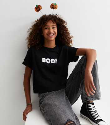 Girls Black Cotton Halloween Boo Logo T-Shirt