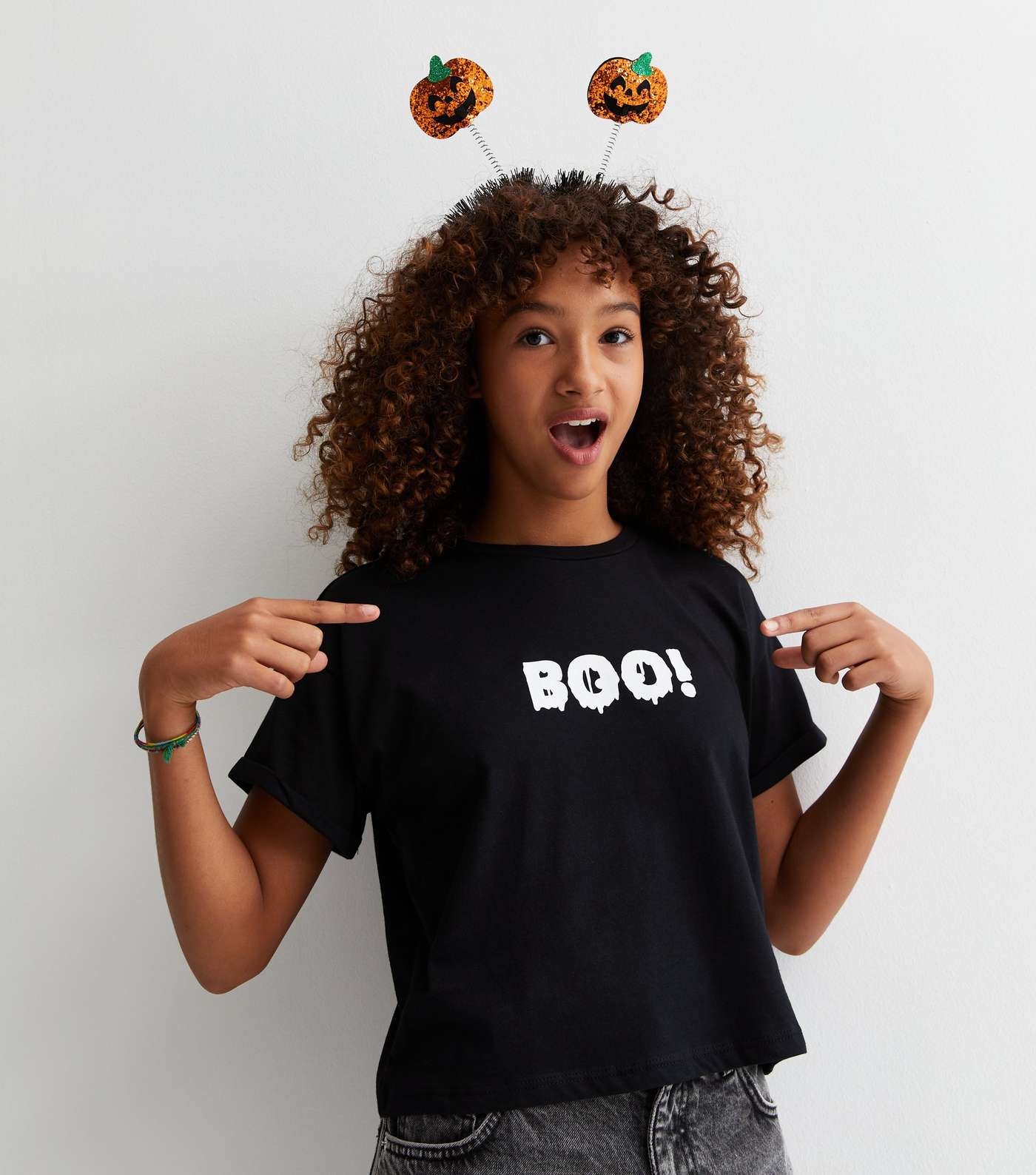Girls Black Cotton Halloween Boo Logo T-Shirt Image 2