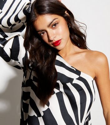 Black Zebra Print Satin One Shoulder Top New Look